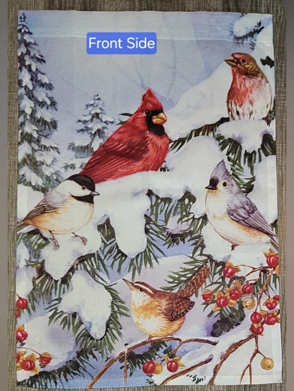 Decorative Seasonal Garden Flag Multi-colored. Birds, Pines & Snow.